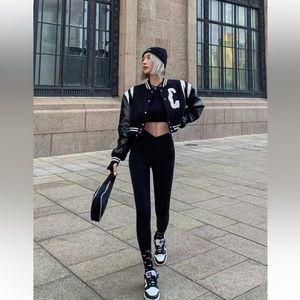 Cropped Black Varsity Leather Jacket with 'C' Patch